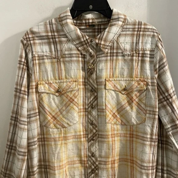 ARATTA SILENT JOURNEY LRG ROUGH RIDER PLAID EMBROIDERED FLORAL BACK TUNIC SHIRT - Picture 5 of 13